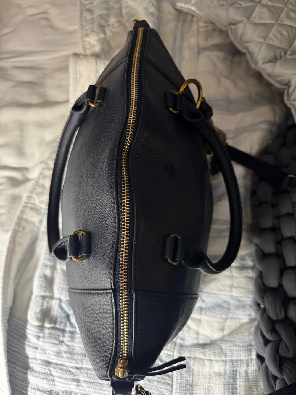 Tory Burch Navy Leather Satchel with Gold Tassel Charm